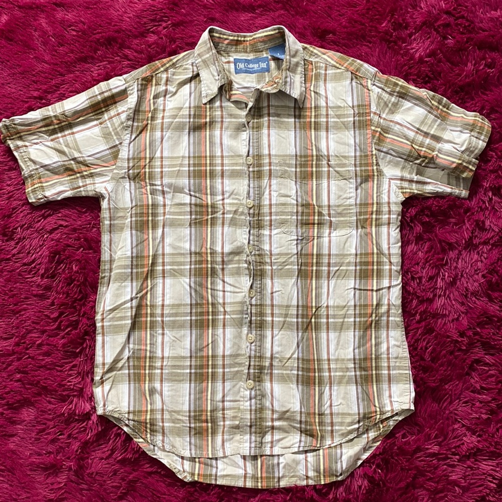Tan, cream, and orange plaid button down shirt